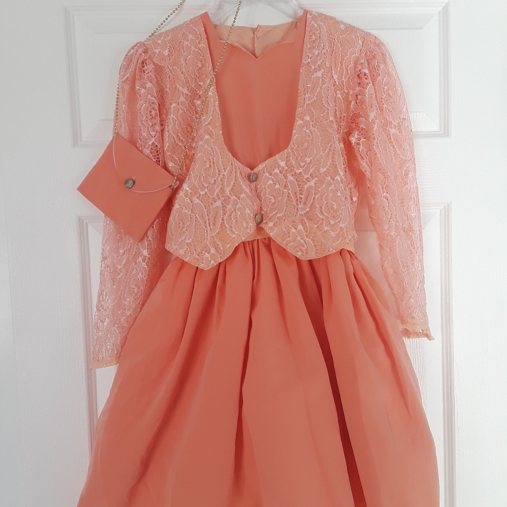 Girl' Peach Long Sleeve Lace Dress